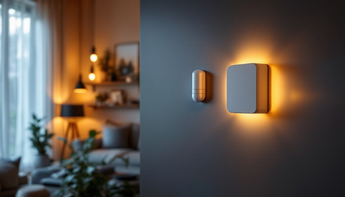 A photograph of a modern smart home setup featuring automated lighting systems in action
