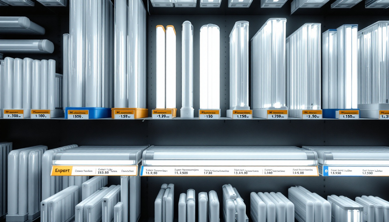 A photograph of a well-organized display of various fluorescent tube sizes in a hardware store or lighting showroom