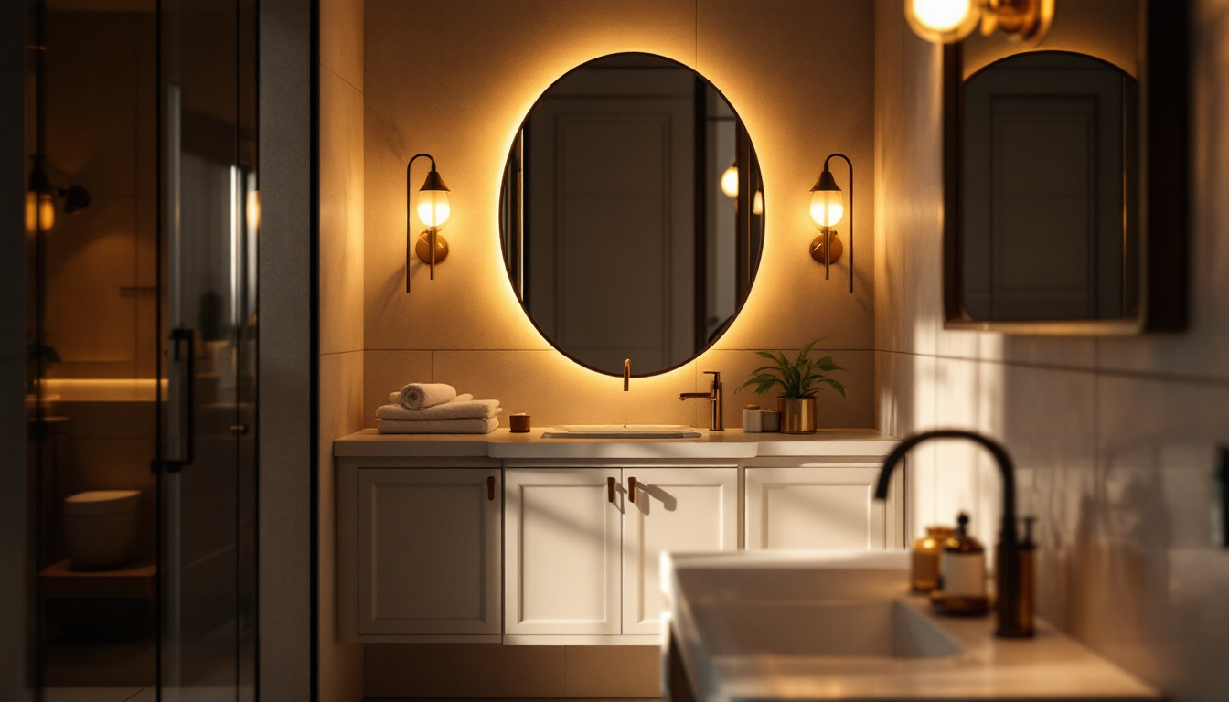 A photograph of a beautifully designed bathroom vanity illuminated by stylish light fixtures