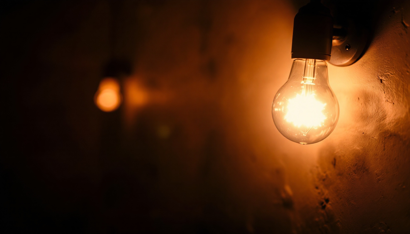 A photograph of a bright light bulb glowing intensely in a dimly lit room