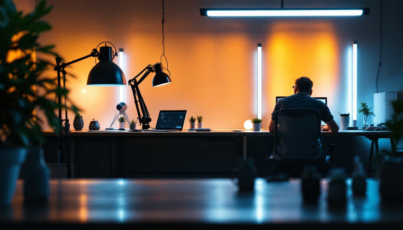 A photograph of a well-lit workspace featuring a variety of long led lights in use