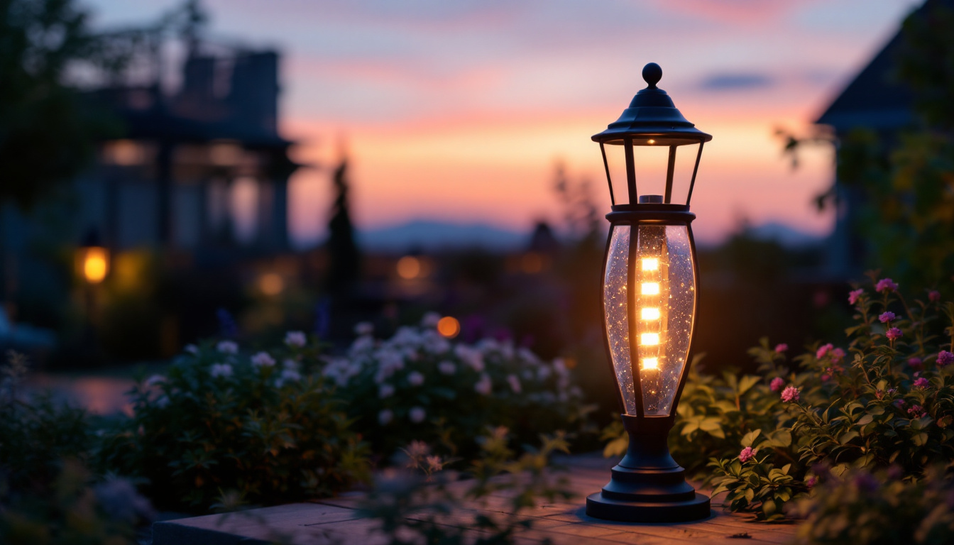A photograph of a beautifully designed outdoor lamp illuminated at dusk