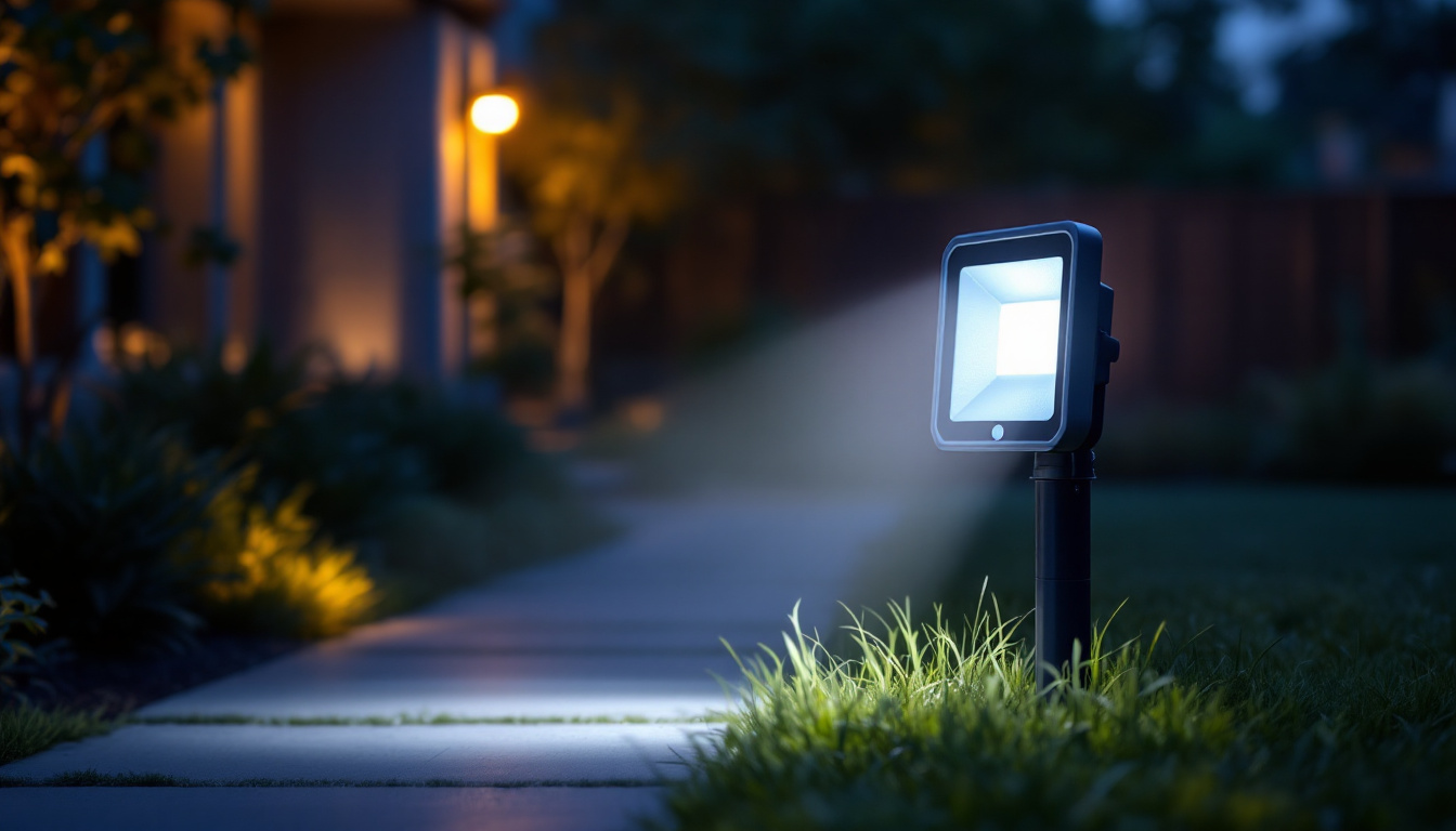 A photograph of a well-lit outdoor area showcasing a floodlight with a motion sensor in action