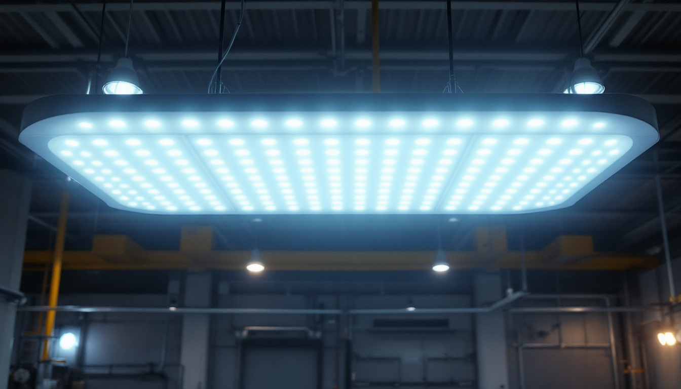 A photograph of a highbay led light installation in an industrial or commercial setting