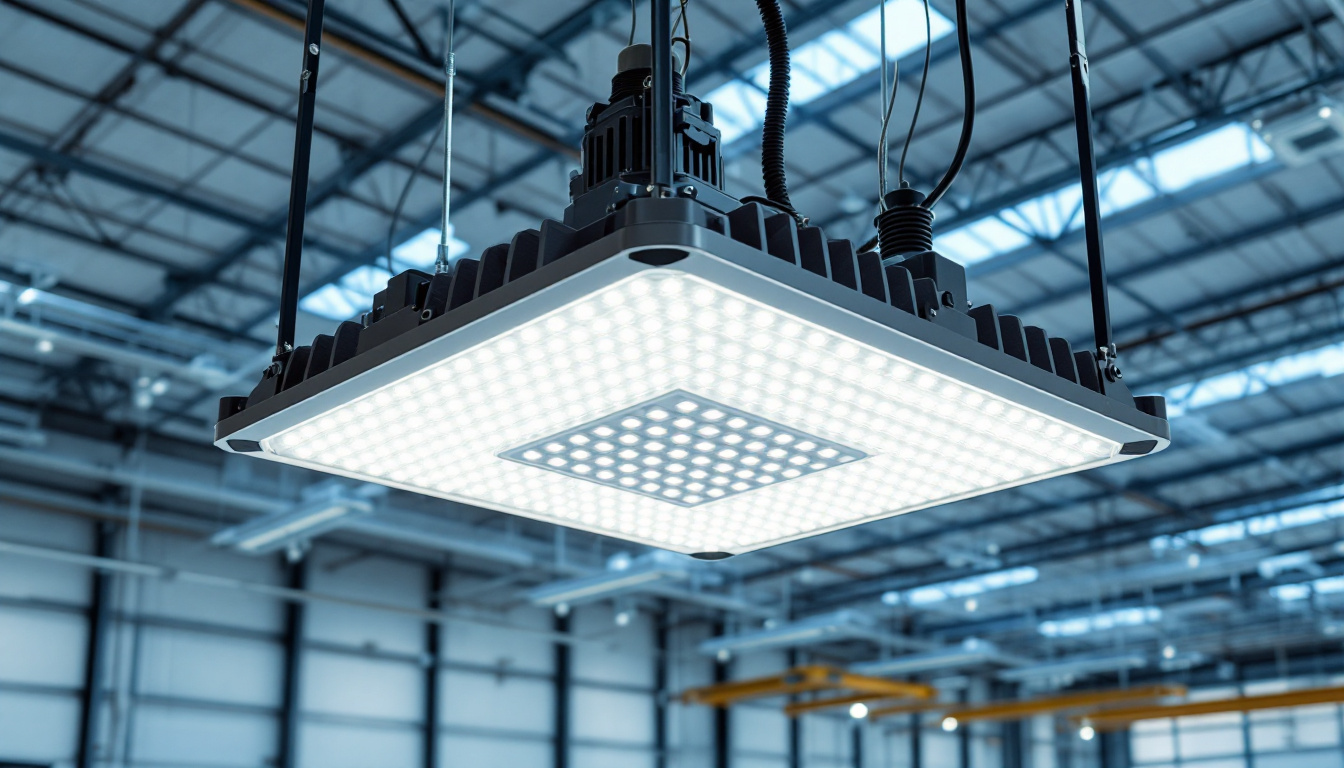 A photograph of a high bay led light fixture installed in a large industrial or commercial space