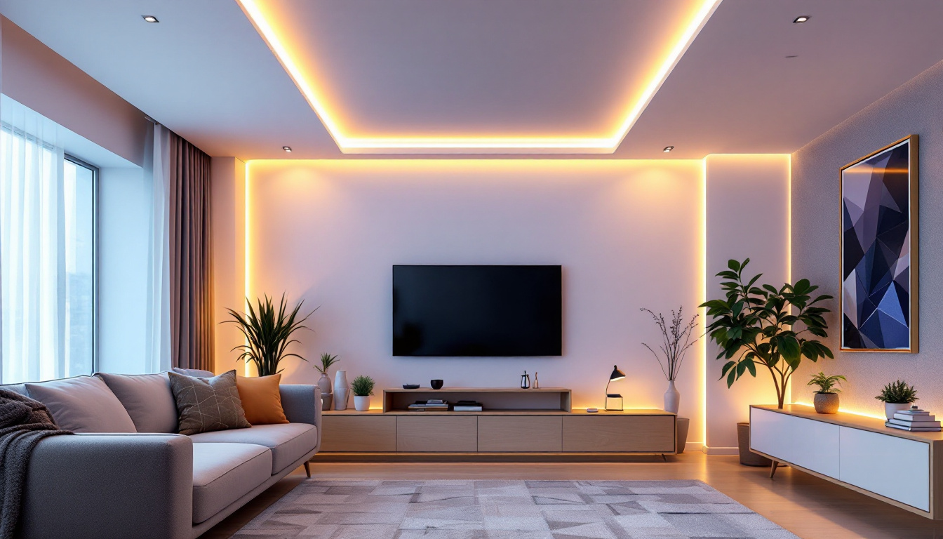 A photograph of a modern living space featuring stylish ceiling led strip lights in action