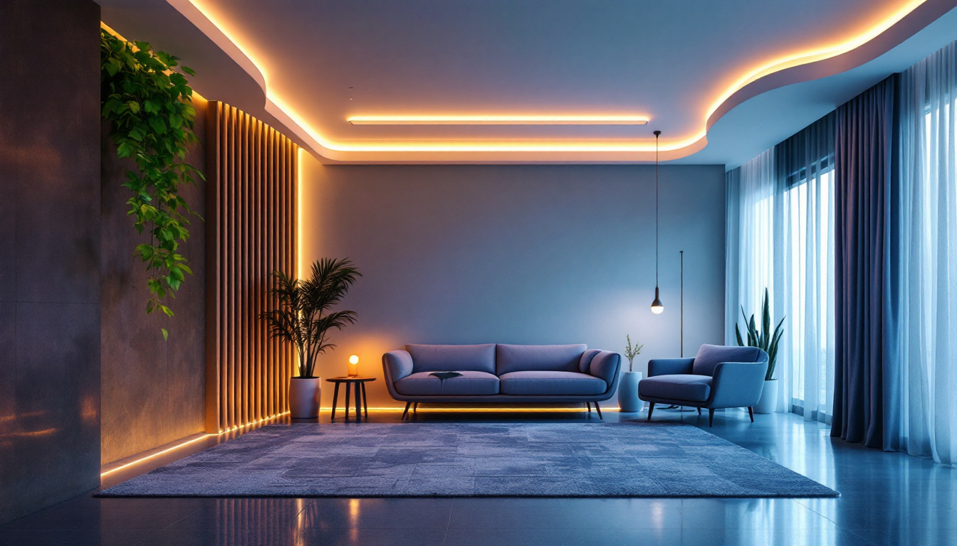 A photograph of a beautifully designed room featuring led strip lights elegantly installed along the ceiling