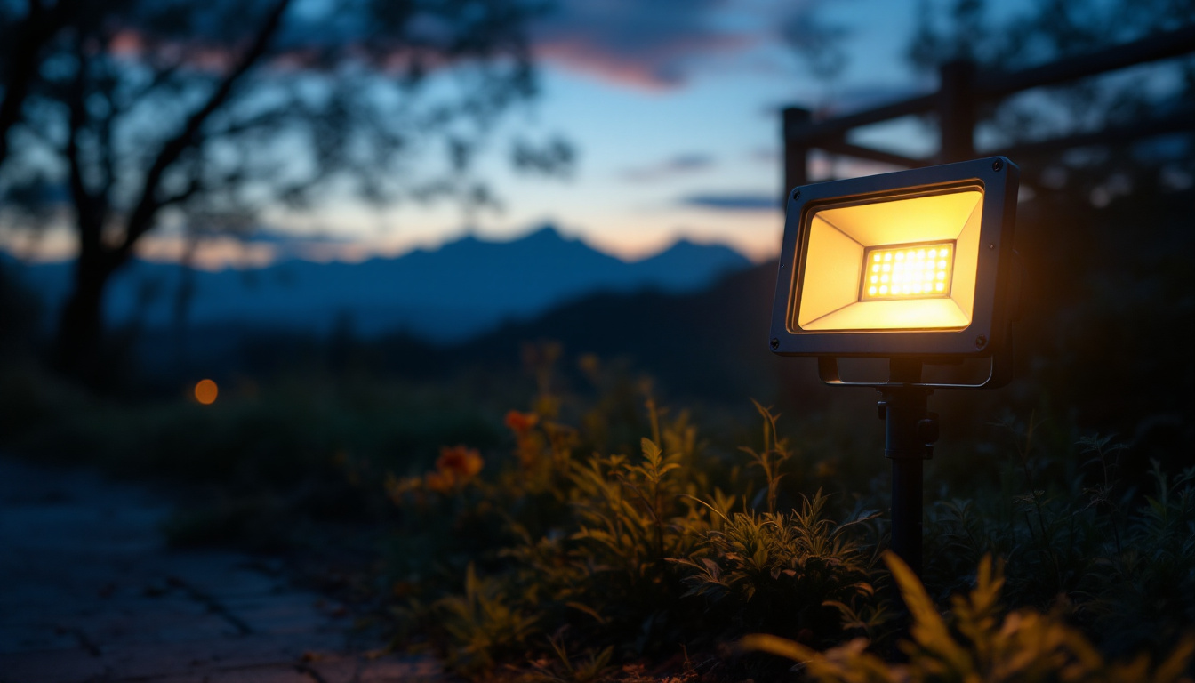 A photograph of a dusk-to-dawn flood light illuminating a serene outdoor setting at twilight