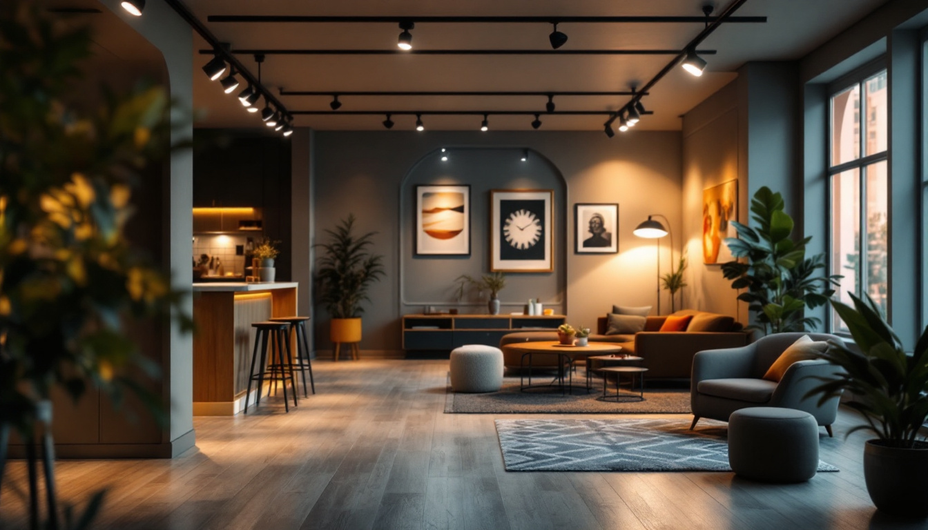 A photograph of a stylish interior space featuring sleek commercial track lighting