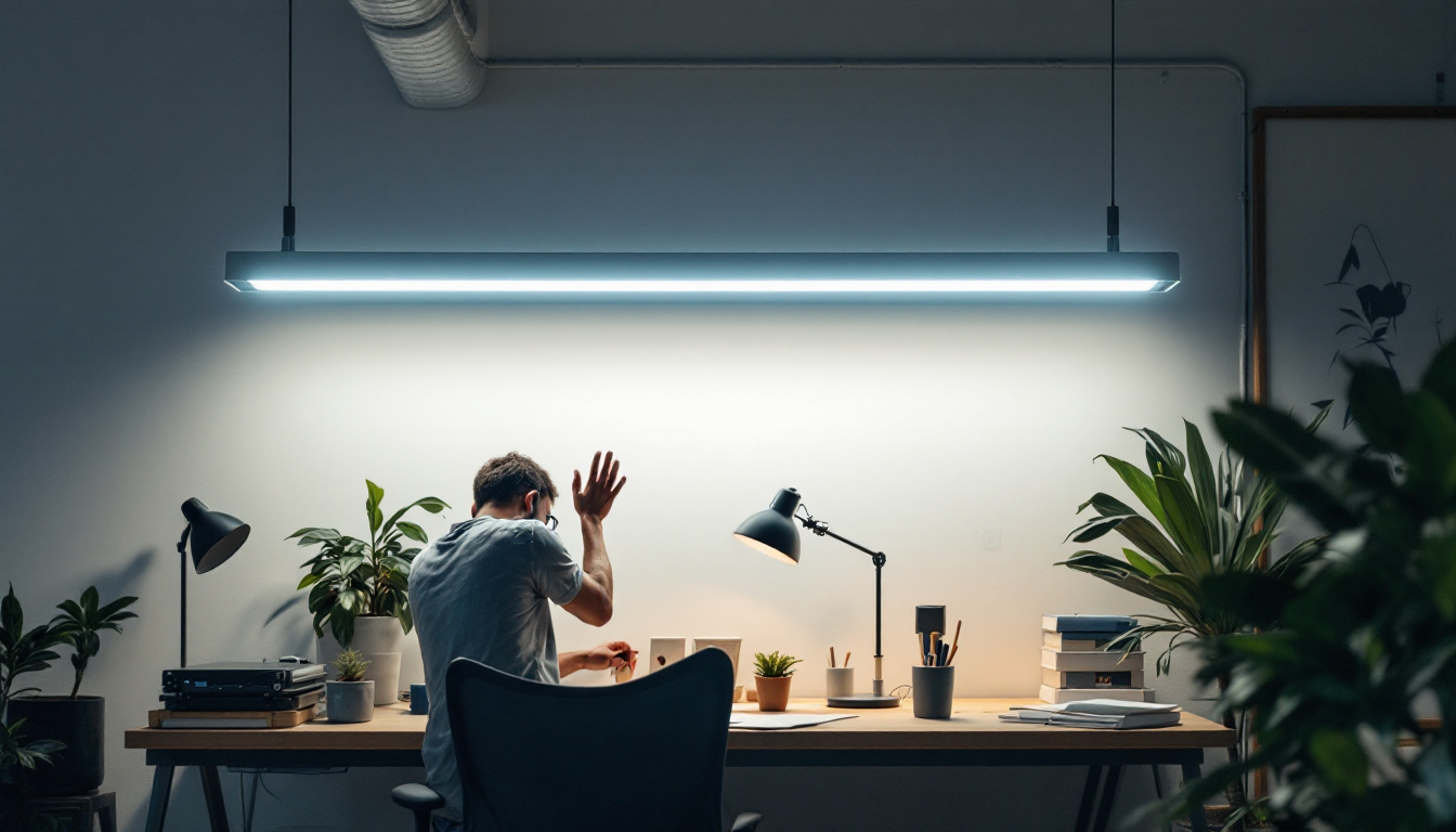 A photograph of a well-lit workspace featuring an 8 ft fluorescent light fixture installed