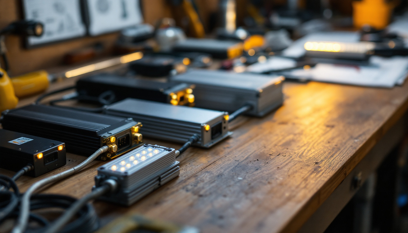 A photograph of a close-up shot of various led ballasts arranged aesthetically on a workbench