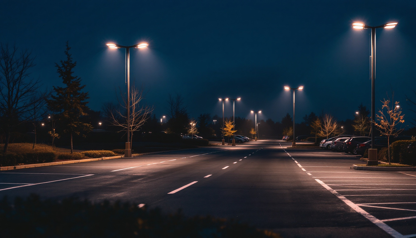 A photograph of a well-lit parking lot showcasing various styles of parking lot lamps in use