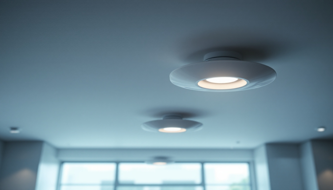A photograph of capture a photograph of a modern drop ceiling illuminated by sleek led light fixtures