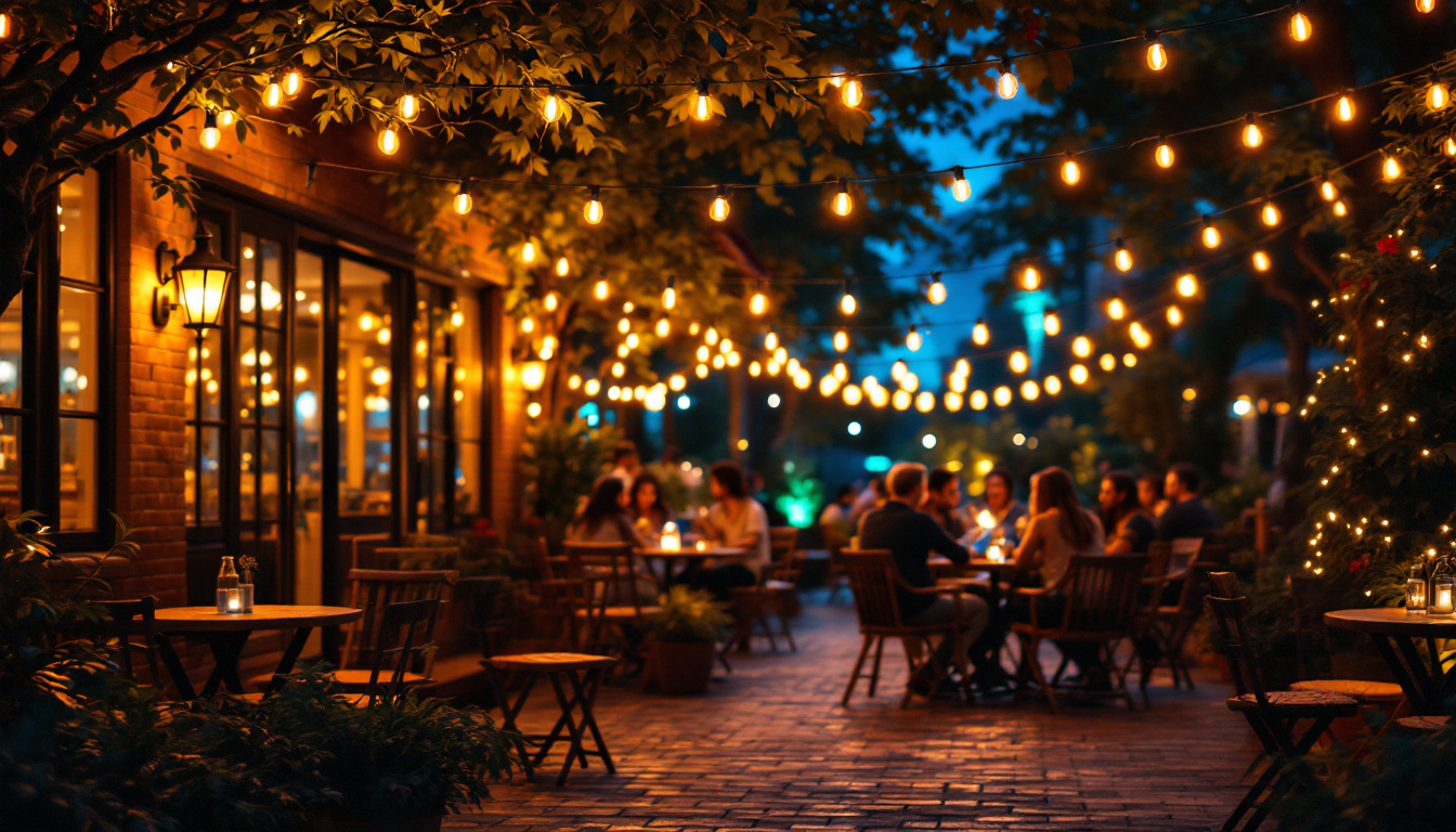 A photograph of a vibrant outdoor setting illuminated by commercial string lights