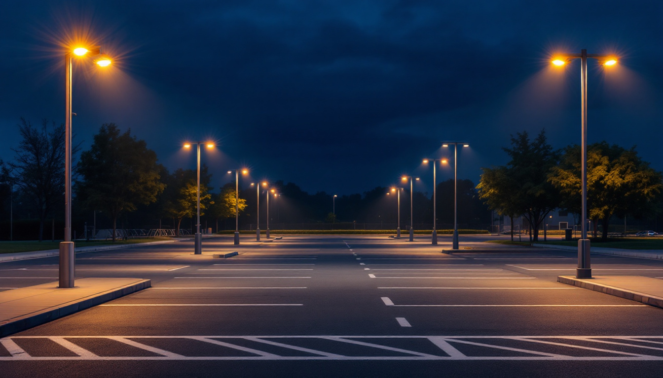 A photograph of a well-lit parking lot showcasing various styles of light posts