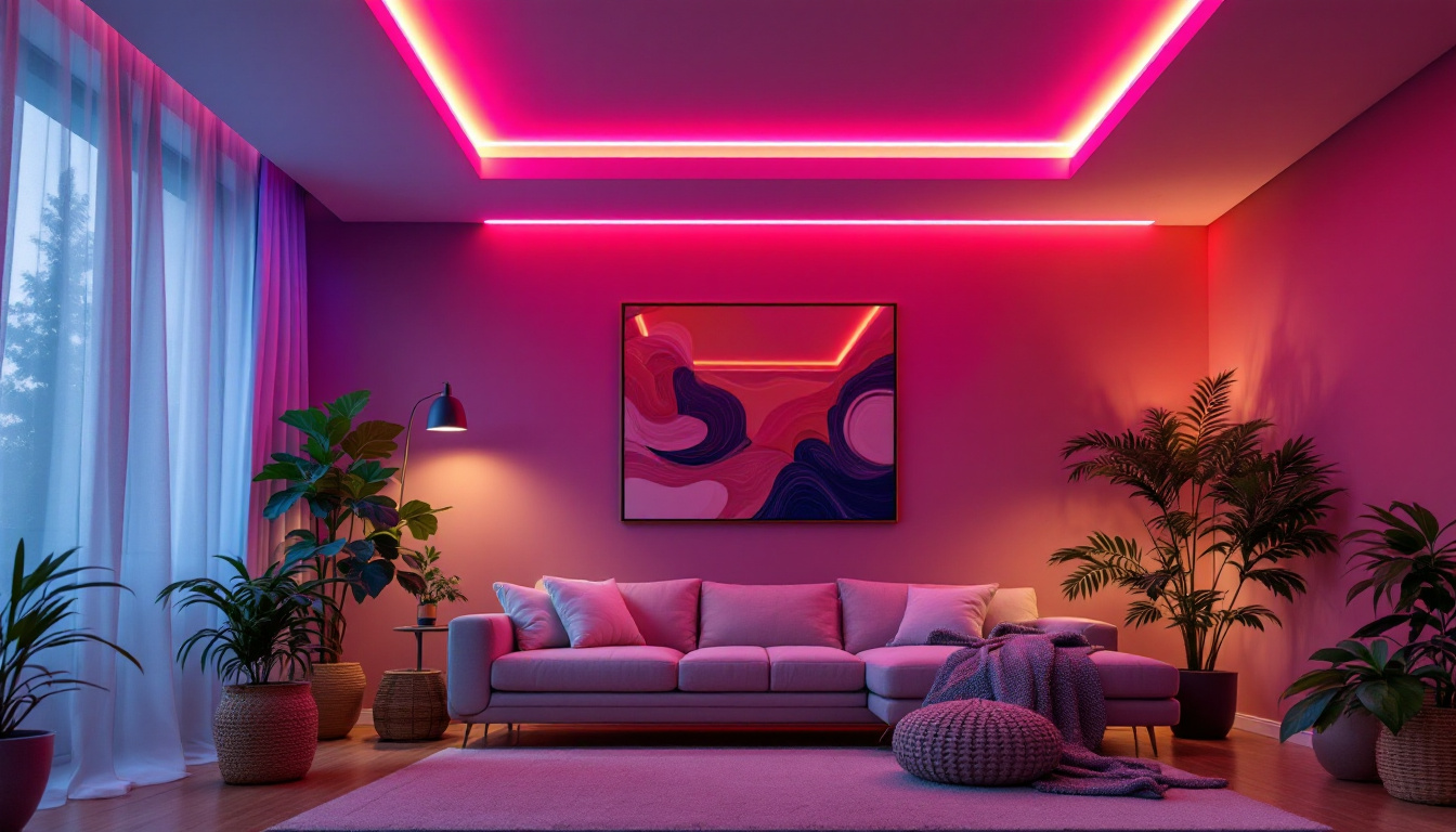 A photograph of a stylishly decorated room featuring vibrant ceiling led light strips