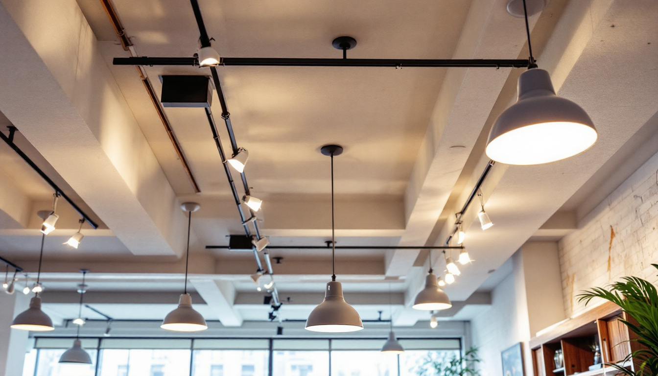 A photograph of a well-lit drop ceiling installation showcasing various lighting options