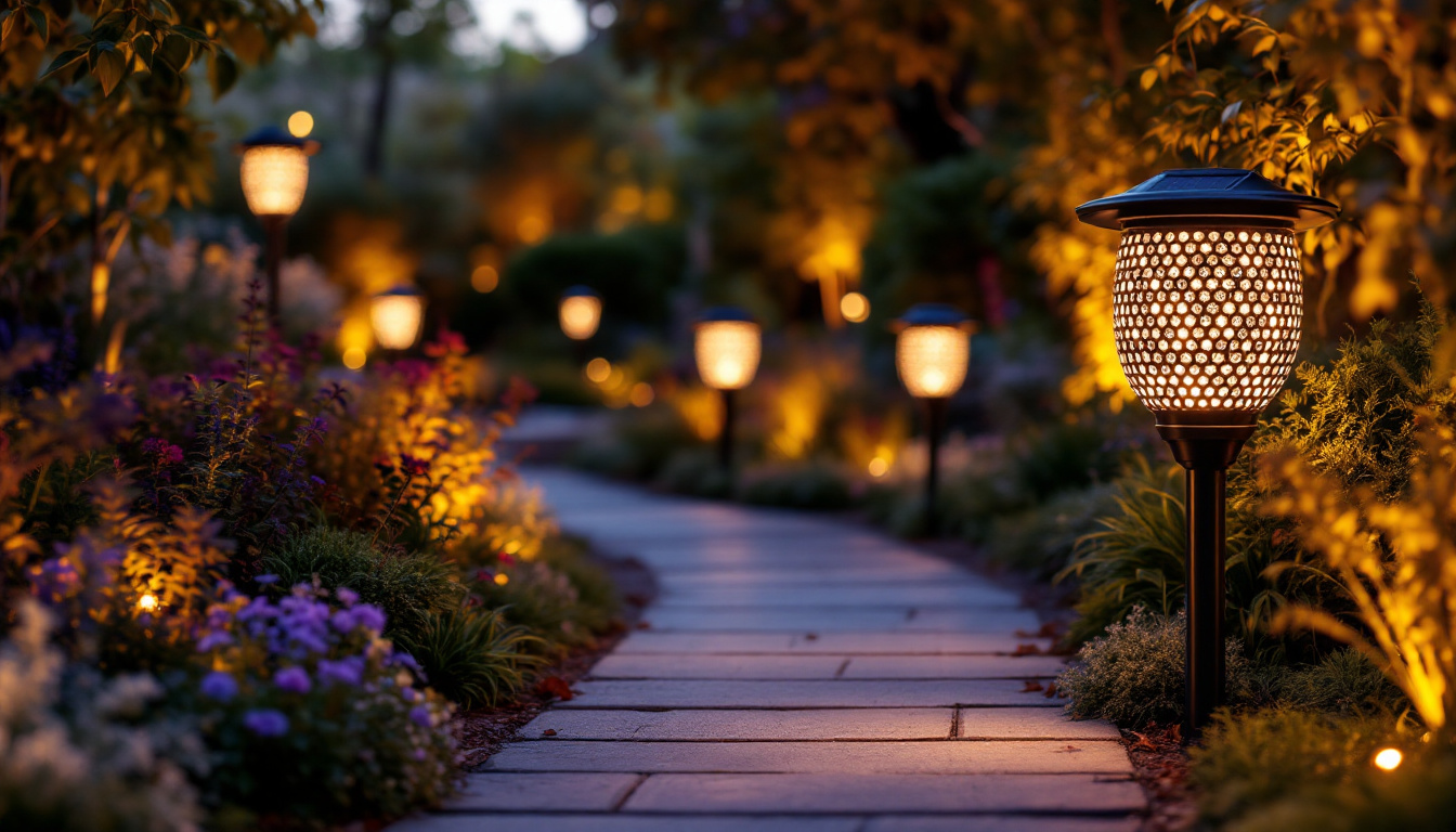 A photograph of a striking outdoor scene featuring large solar lights illuminating a garden or pathway at dusk