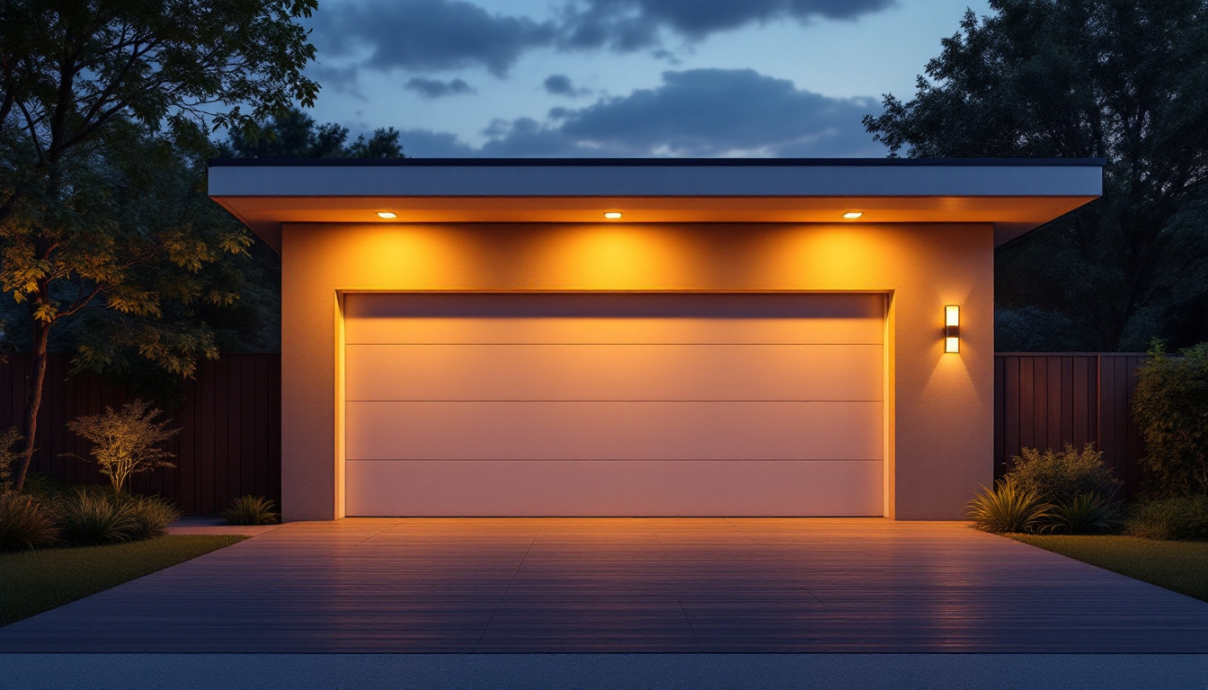 A photograph of a beautifully illuminated outdoor garage at dusk