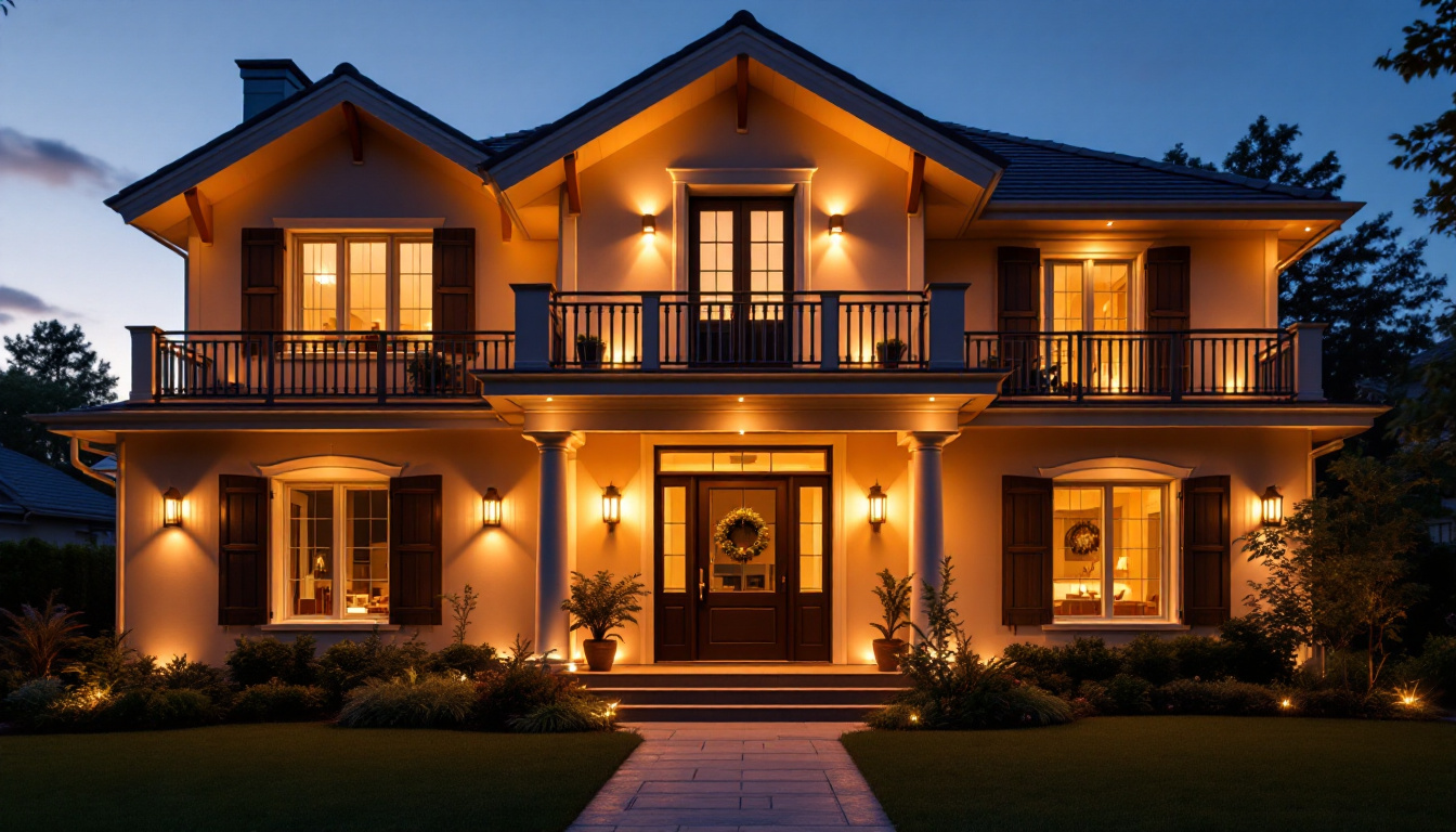 A photograph of a beautifully illuminated exterior house showcasing a variety of stylish light fixtures in use