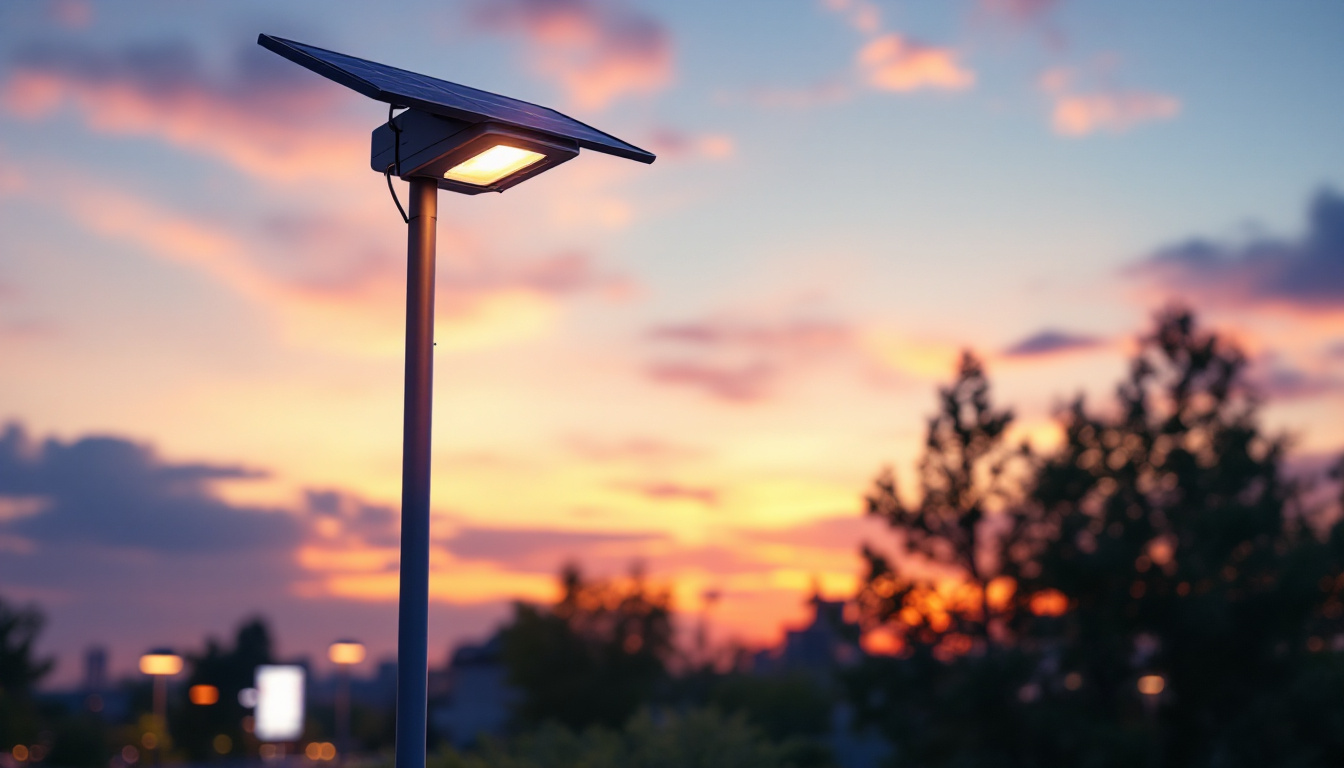 A photograph of capture a photograph of a sleek solar-powered light pole illuminating a vibrant outdoor space
