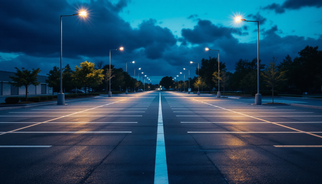 A photograph of capture a photograph of a well-lit commercial parking lot at dusk