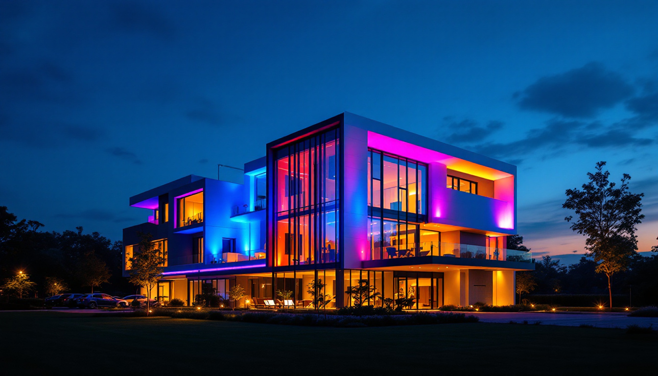 A photograph of a stunning outdoor building illuminated by modern architectural lighting