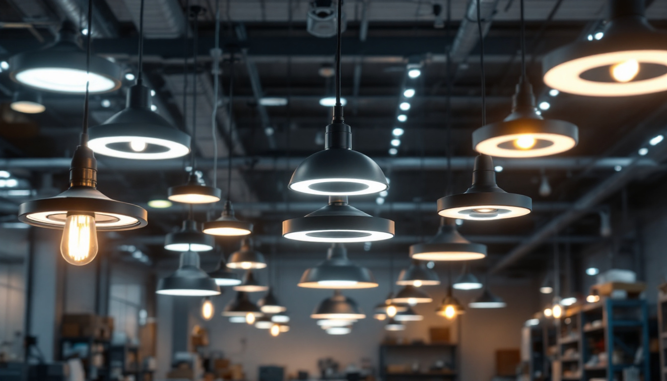 A photograph of a modern industrial space showcasing a variety of innovative led light fixtures in use