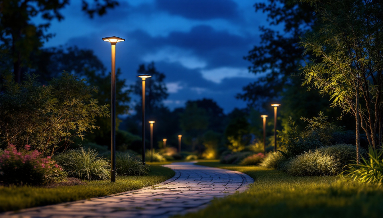 A photograph of a beautifully illuminated outdoor space featuring modern solar post lamps