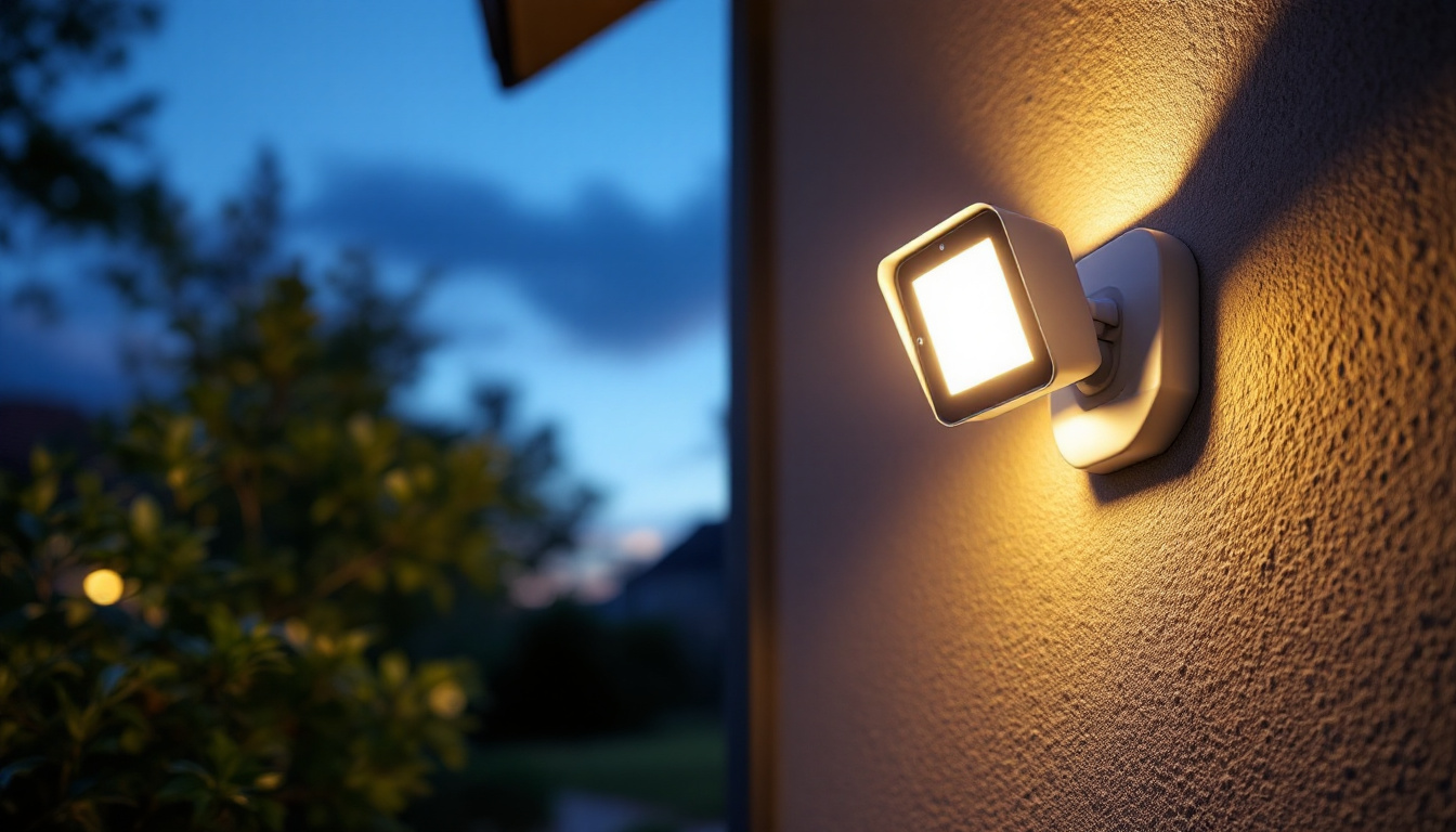 A photograph of a well-lit outdoor security light installed in a residential setting