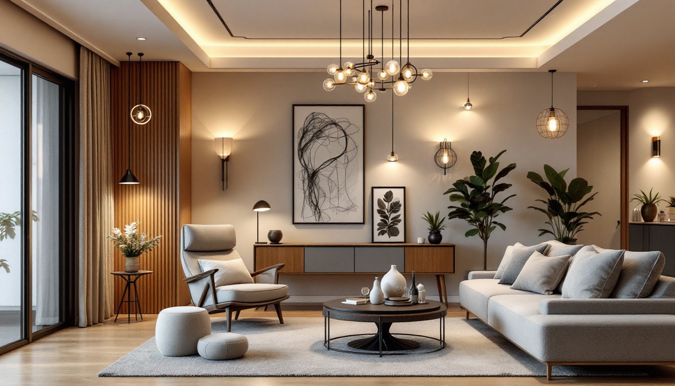 A photograph of a beautifully designed residential space showcasing a variety of unique lighting fixtures