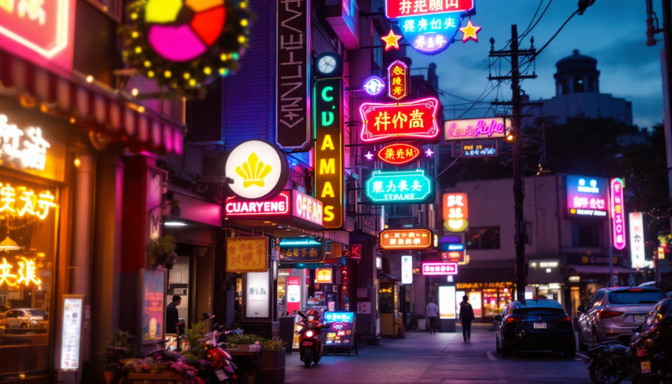 A photograph of a vibrant urban scene at dusk