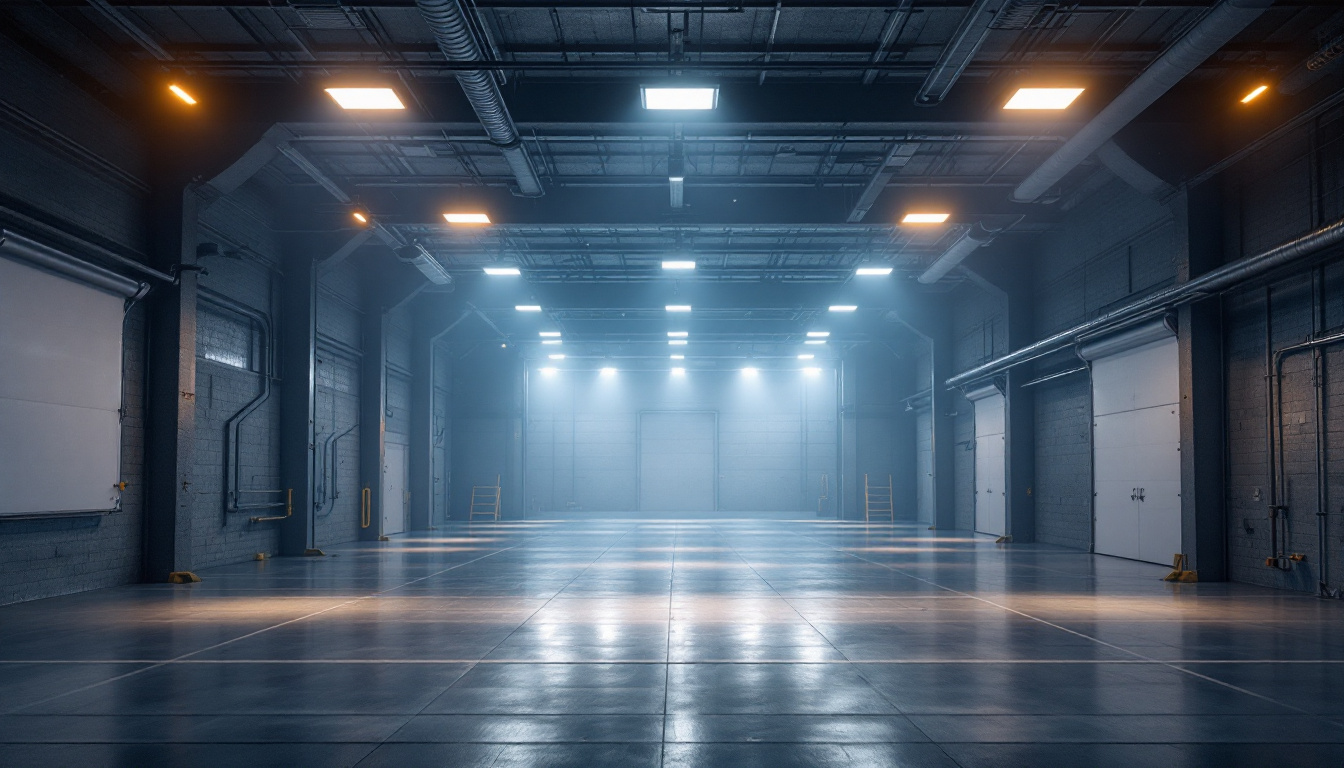 A photograph of a well-lit industrial or commercial space featuring high bay led lighting