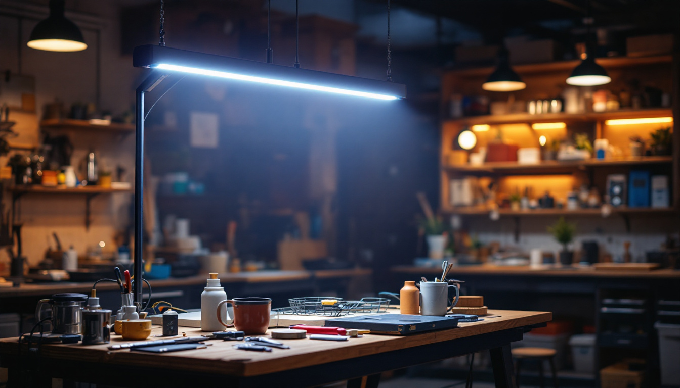 A photograph of a sleek 8ft led shop light illuminating a vibrant workspace