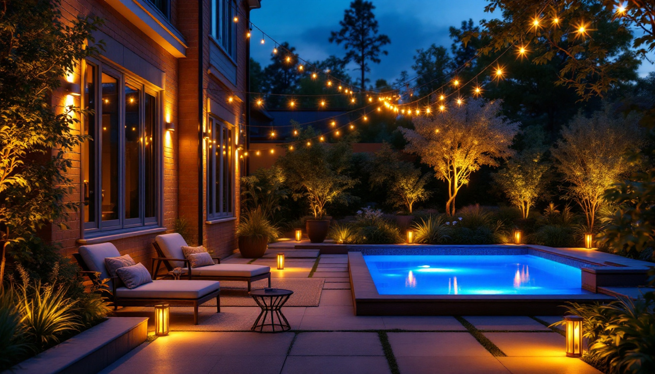 A photograph of a beautifully illuminated outdoor space featuring dusk to dawn lights