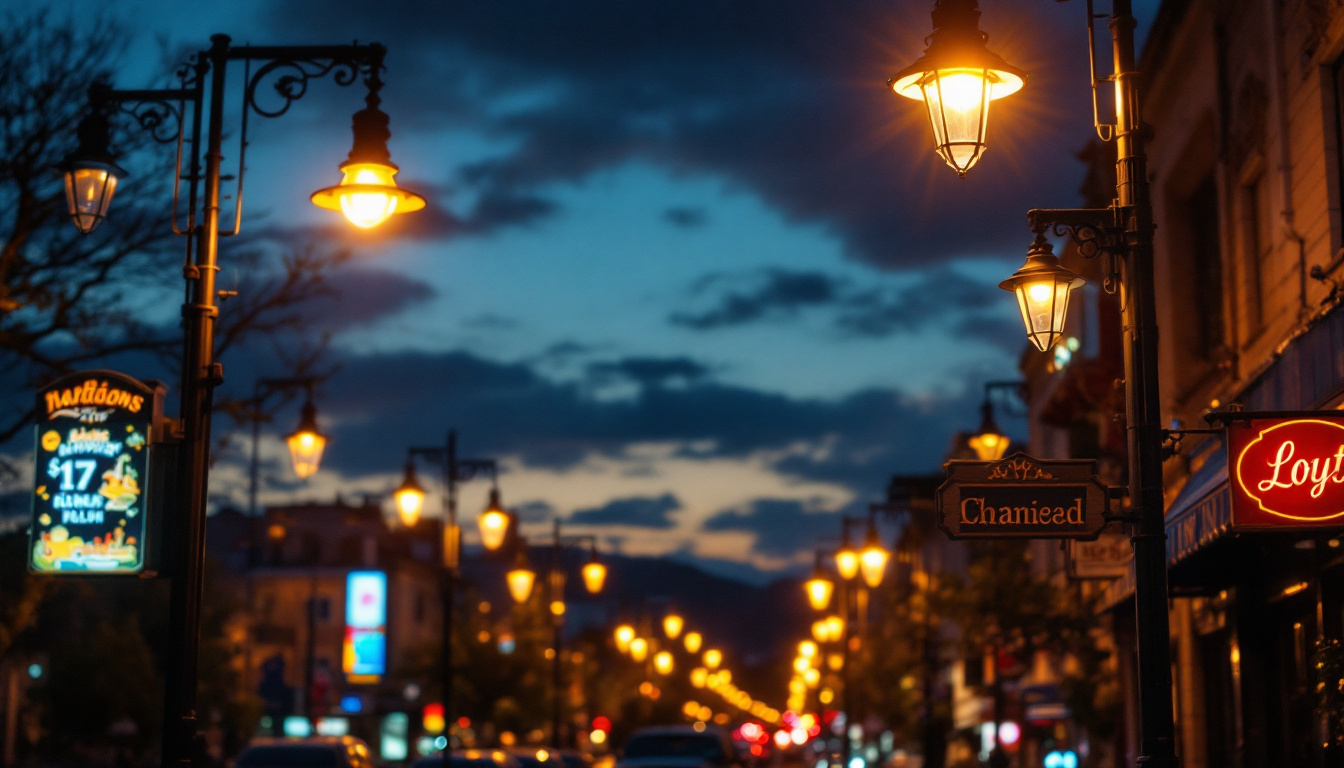 A photograph of a vibrant urban street scene at dusk