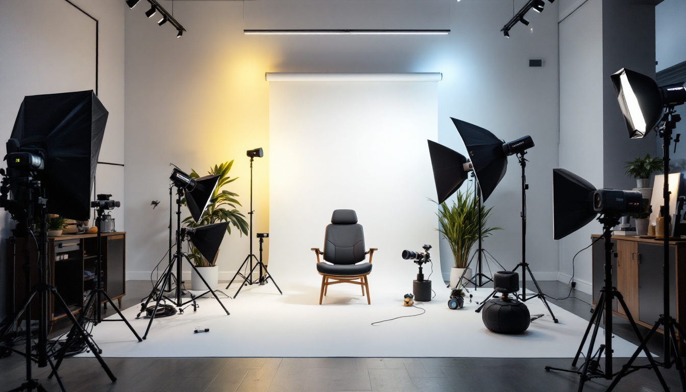 A photograph of a well-lit photography studio showcasing various lighting equipment and setups