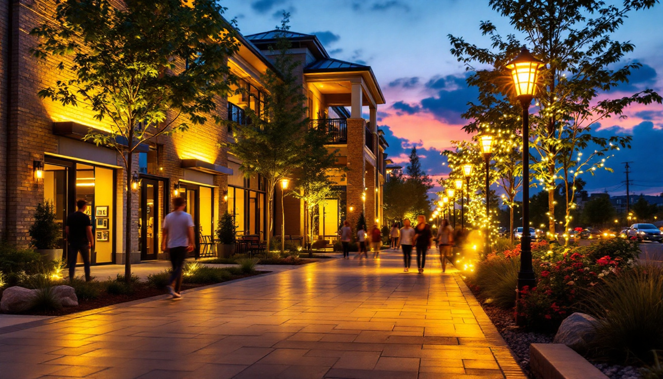 A photograph of a vibrant commercial outdoor lighting installation at dusk