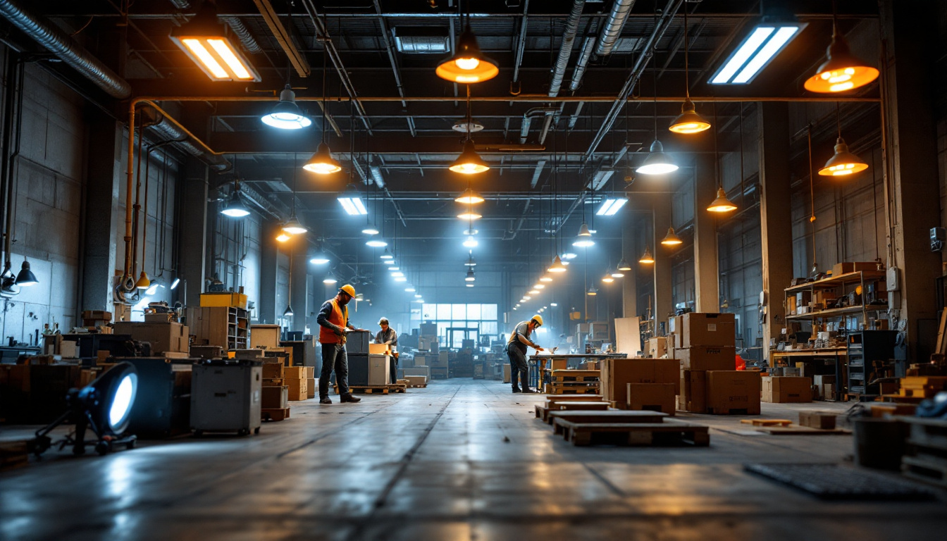 A photograph of a well-lit industrial workspace showcasing various types of industrial led lights in use