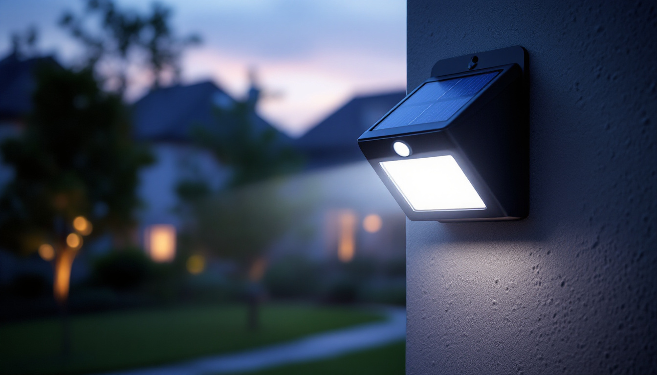 A photograph of a solar-powered motion detector flood light installed in a residential outdoor setting at dusk