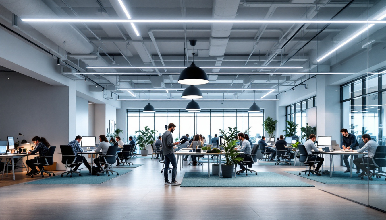 A photograph of a modern office space featuring sleek ceiling lights that highlight energy-efficient design