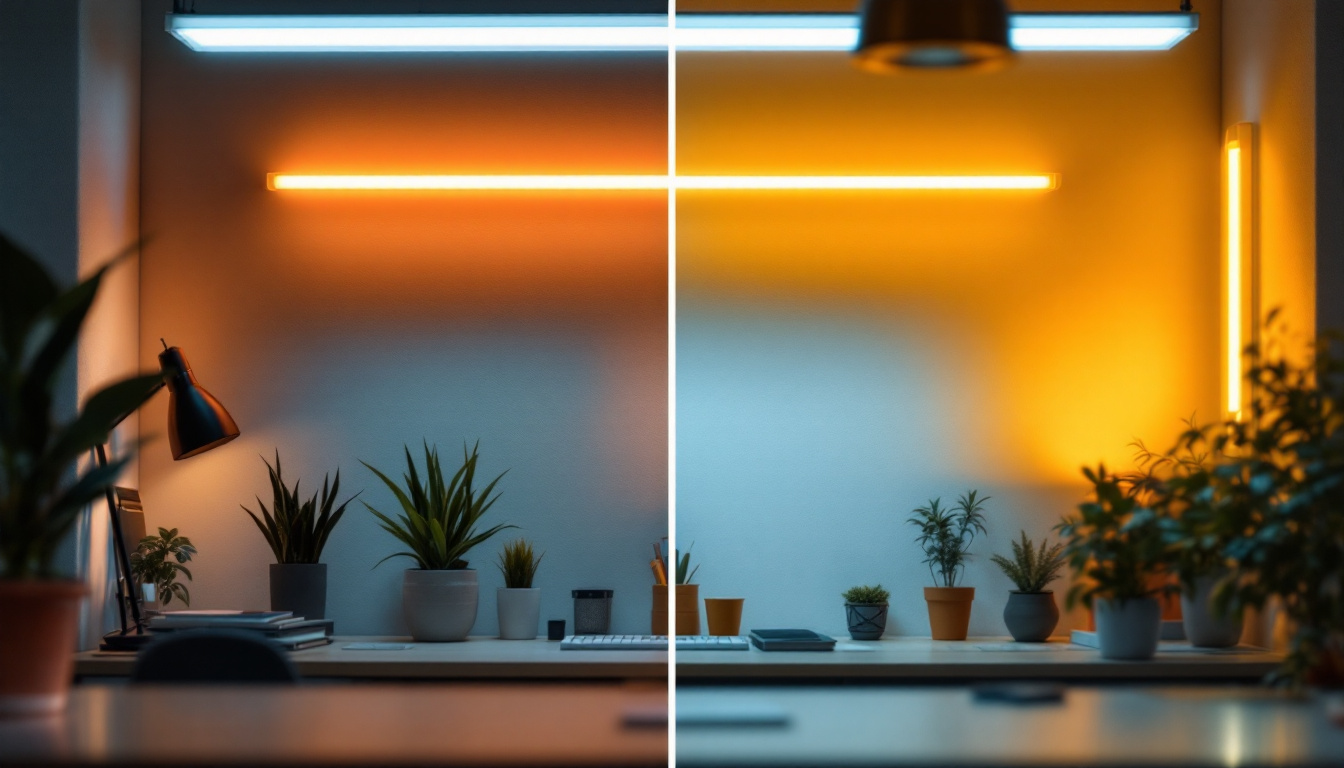 A photograph of a brightly lit workspace showcasing a side-by-side comparison of traditional fluorescent tubes and sleek led fluorescent tube replacements