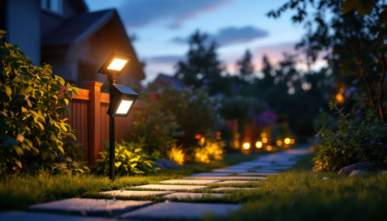 A photograph of a solar motion sensor flood light illuminating a garden or pathway at dusk