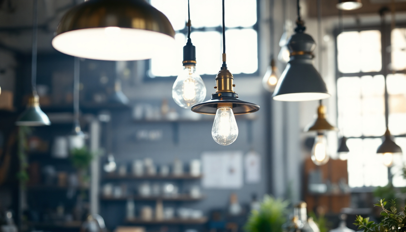 A photograph of a well-lit workshop or retail space showcasing various hanging shop lights at different heights