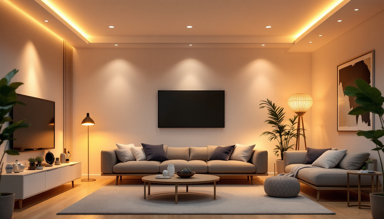 A photograph of a modern living space showcasing recessed led lighting in action