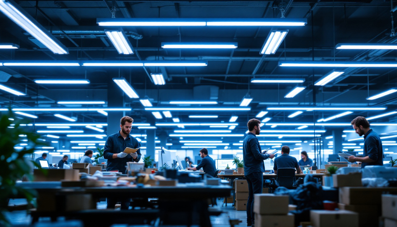 A photograph of a modern industrial workspace featuring sleek fluorescent light fixtures and ballasts in use