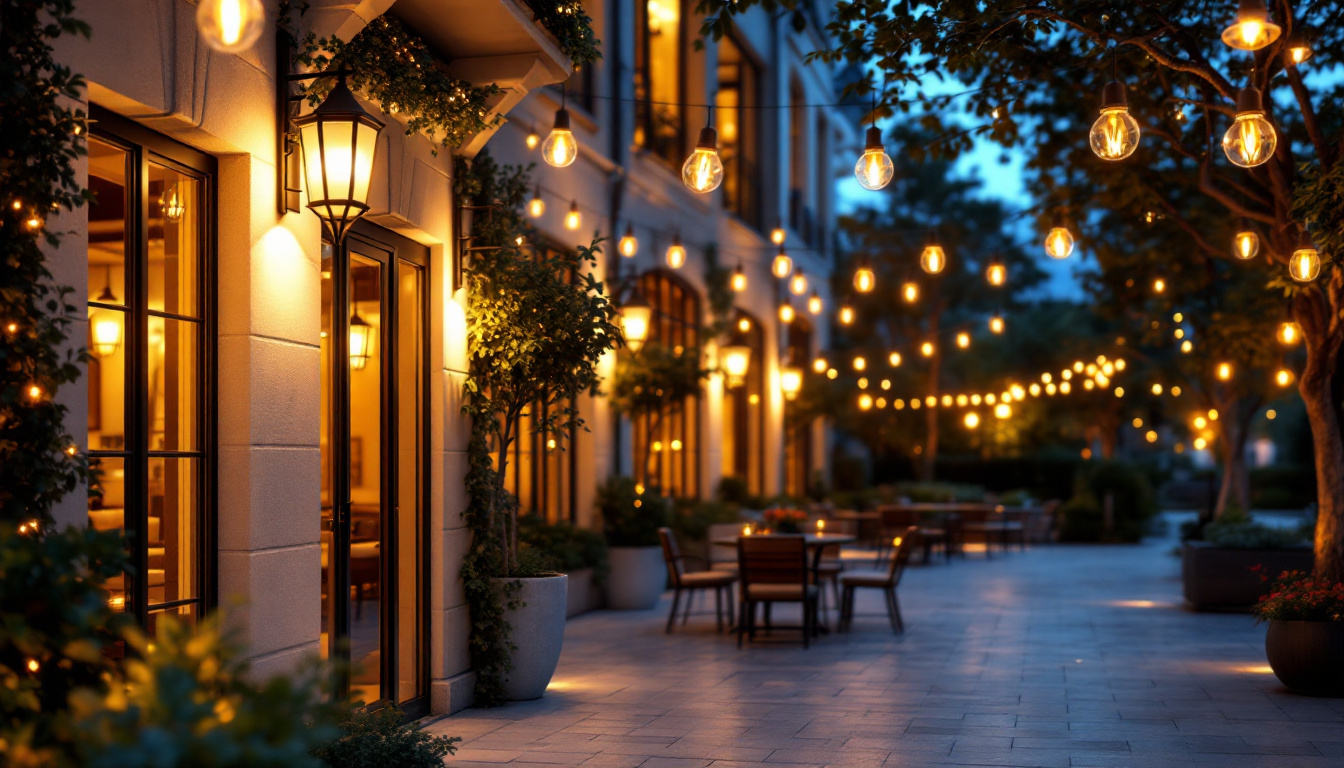 A photograph of a beautifully illuminated outdoor space featuring commercial led light fixtures that highlight architectural details and create an inviting atmosphere