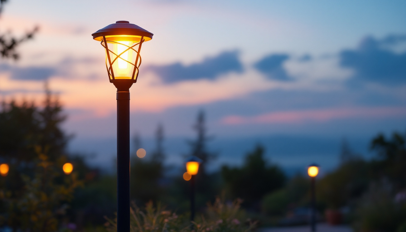 A photograph of a beautifully illuminated outdoor space featuring solar lights on posts