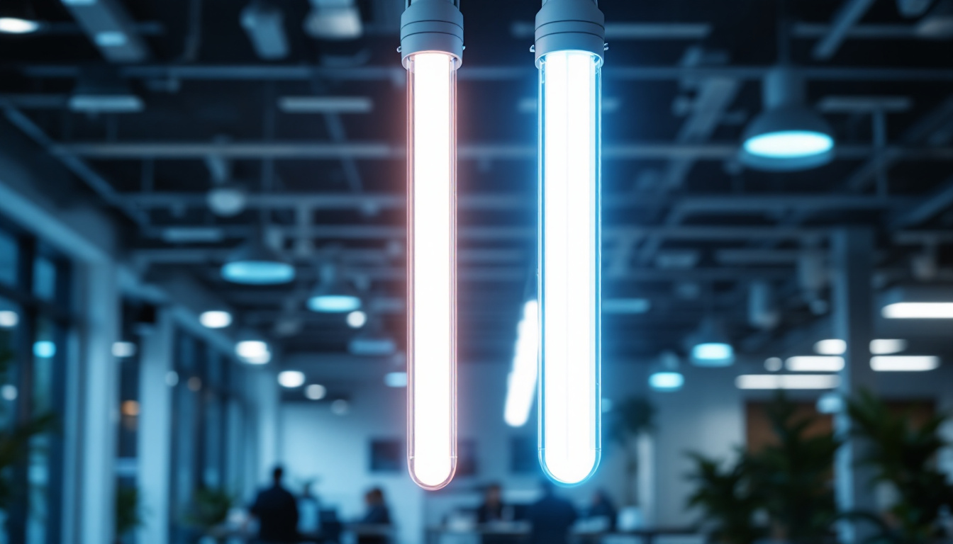 A photograph of a side-by-side comparison of t5 and t8 fluorescent tubes illuminated in a modern office setting