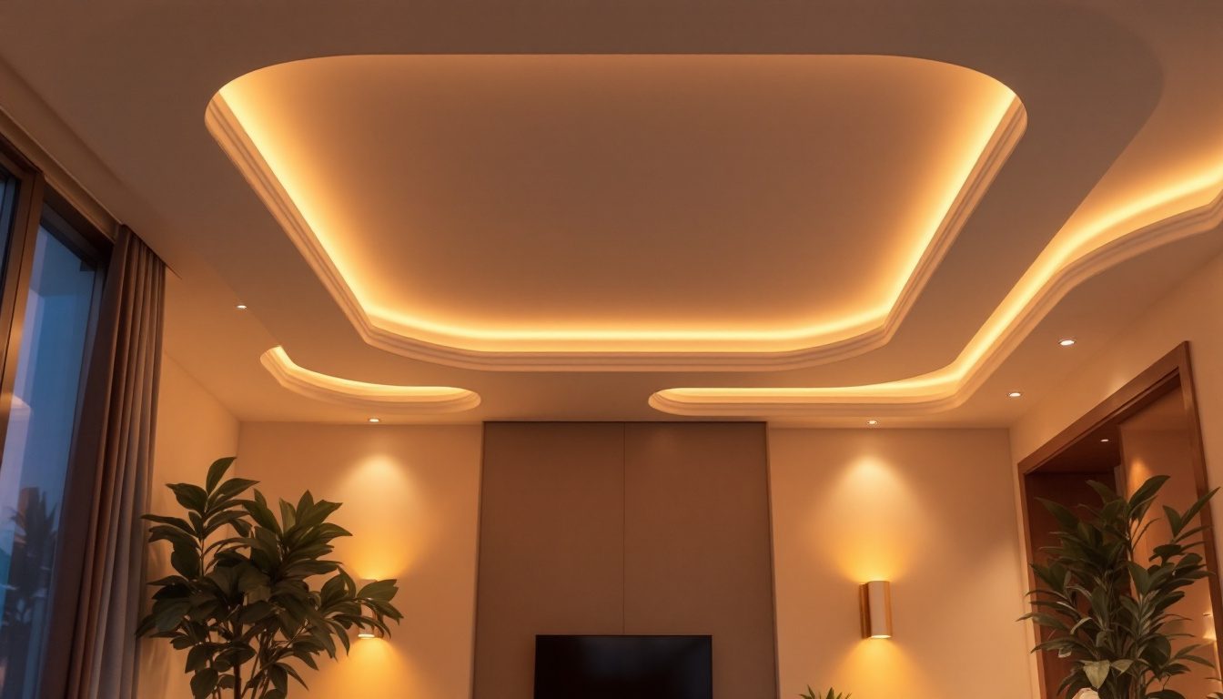 A photograph of a beautifully designed room featuring recessed lighting with stylish trim rings